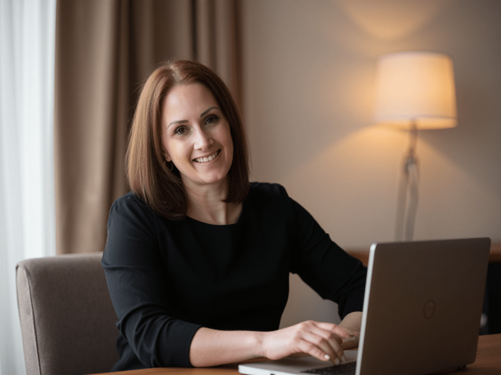 Anja Müller sitzt am Tisch mit Laptop